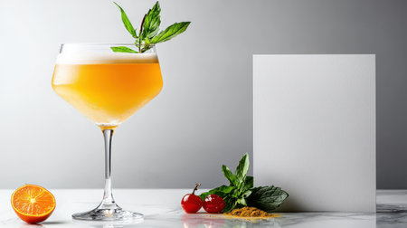 A cocktail menu displayed alongside a freshly prepared drink, featuring vibrant colors and elegant fonts.の素材