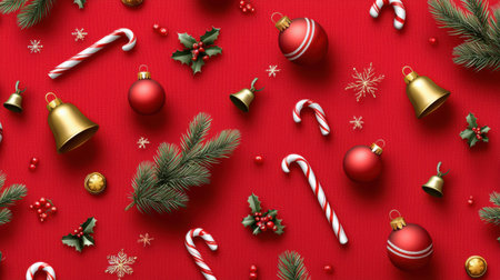 Traditional seamless Christmas pattern with mistletoe, bells, and candy canes on a red backdrop, perfect for holiday textiles.の素材