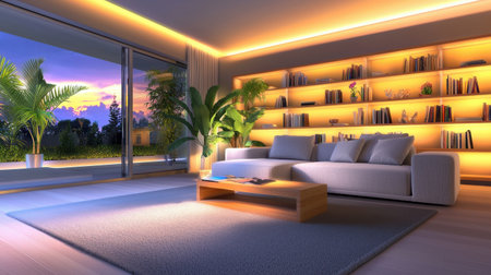 Spacious living room with a cozy sofa, plush rug, and indoor plants, complemented by a large bookshelf and soft lighting for a relaxing atmosphere.の素材
