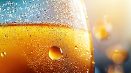 A close-up of a glass of soda fizzing with bubbles, showing the cool condensation on the outside of the glass.の素材