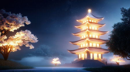 A beautifully lit Chinese pagoda at night, with its tiers glowing against a dark sky, set in a peaceful park.の素材
