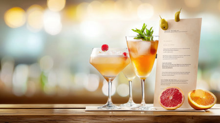 A cocktail menu printed on rustic paper, with an array of unique drinks listed, set on a wooden bar top.の素材