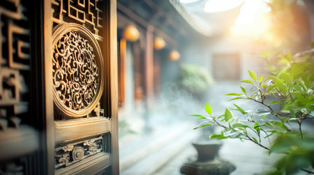 A close-up of a traditional Chinese courtyard house, highlighting the detailed carvings and symmetrical design.の素材