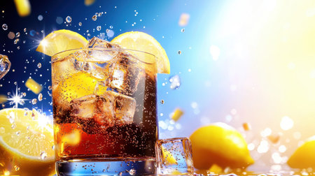 A chilled glass of soda with ice cubes and lemon slices, fizzing refreshingly on a hot summer day.の素材