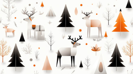 Scandinavian-inspired holiday pattern with geometric snowflakes, trees, and reindeer in neutral tones for a minimalist design.の素材