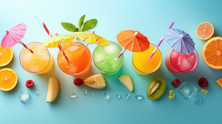 A colorful selection of summer cocktails, with vibrant fruit slices and paper umbrellas, perfect for a pool party.の素材