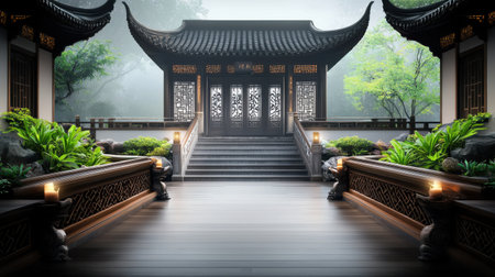 A close-up of a traditional Chinese courtyard house, highlighting the detailed carvings and symmetrical design.の素材