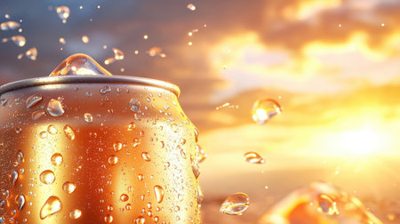 A close-up of an ice-cold soda can, with condensation beading on the surface and sunlight reflecting off.の素材