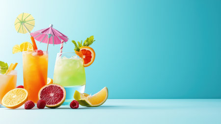 A colorful selection of summer cocktails, with vibrant fruit slices and paper umbrellas, perfect for a pool party.の素材