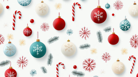 Simple yet bold modern Christmas pattern with oversized baubles, snowflakes, and candy canes on a plain background.の素材