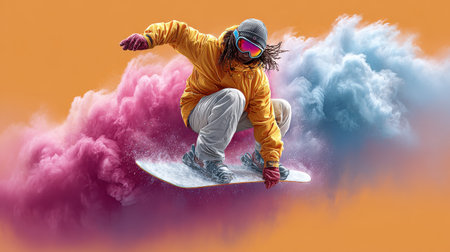 A thrilling moment captured of a snowboarder performing a jump against a vibrant, colorful cloud backdrop, showcasing the excitement of winter sports.の素材