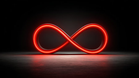 A striking glowing red infinity symbol radiates in a dark space, capturing the essence of eternity and passion with its smooth, illuminated design.の素材