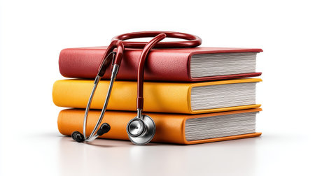 A vibrant stack of textbooks in red, yellow, and orange with a stethoscope resting on top, symbolizing medical education and professional learning in healthcare.の素材