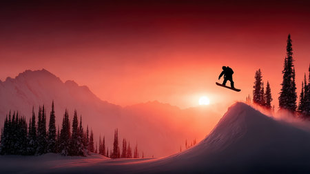 A thrilling silhouette of a snowboarder performing an aerial jump against a breathtaking sunset backdrop featuring majestic mountains and pine trees.の素材