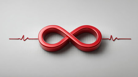 An artistic representation of a red infinity symbol intertwined with a heartbeat line, depicting themes of everlasting life and health in a minimalist design.の素材