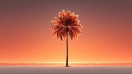 A stunning silhouette of a single palm tree against a vibrant sunset. The warm tones of orange blend beautifully with the serene atmosphere of the coastal landscape.の素材