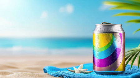 A colorful soda can with a vibrant label, sitting on a beach towel with the ocean in the background.の素材