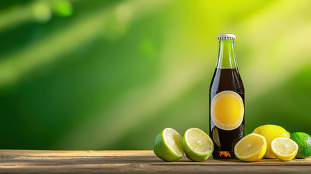 A glass bottle of soda with a classic label, placed on a rustic table with lemon and lime slices.の素材