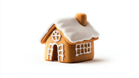 A gingerbread house cookie, detailed with icing, isolated on a plain white background.の素材