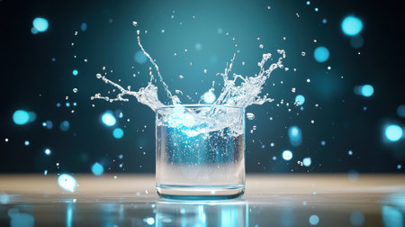 A dramatic splash of soda water in a glass, sending droplets and bubbles flying outward.の素材