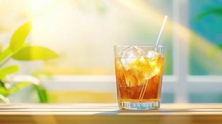A glass of soda with a straw and ice, the carbonation creating a refreshing fizz in the sunlight.の素材