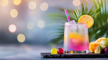 A creative cocktail menu displayed on a blackboard with colorful chalk, surrounded by tropical decorations.の素材