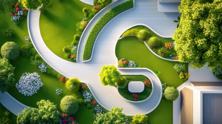 A detailed top view of a residential landscape design with symmetrical garden plots, flower beds, and outdoor patios.の素材