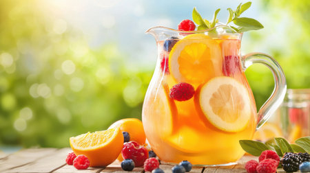 A fruity summer punch with berries and citrus slices, served in a large glass pitcher at a garden party.の素材