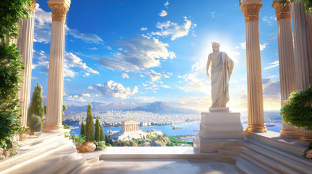 A monumental statue of Athena, positioned in a classical temple, with the city of Athens visible in the distance.の素材