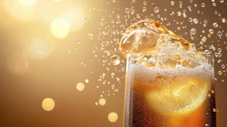 A detailed view of tiny soda bubbles clinging to the side of a glass, sparkling in the light.の素材
