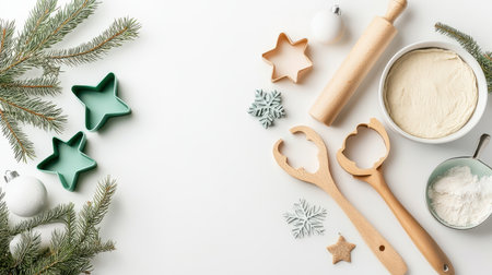 A festive baking scene featuring Christmas cookie cutters, dough, and rolling pins, ready for holiday cookie prep.の素材