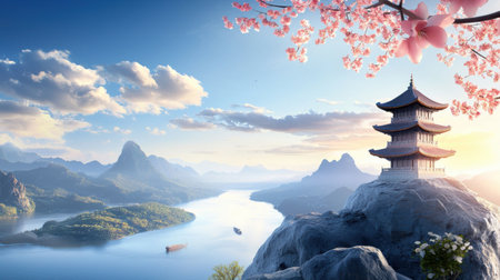 A historical Chinese pagoda, perched on a rocky outcrop, overlooking a wide river valley and distant mountains.の素材