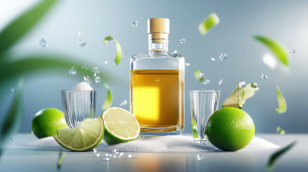 A detailed shot of a tequila bottle with salt, lime, and shot glasses ready for a lively celebration.の素材