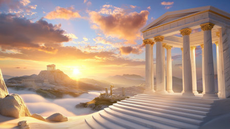 A Greek temple ruin at sunset, with warm light illuminating the marble columns and surrounding hills.の素材