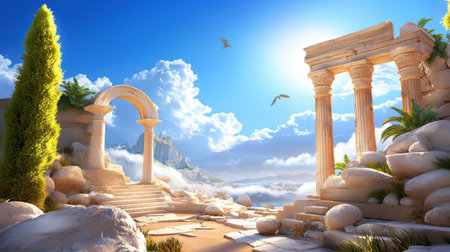 A majestic view of ancient Roman ruins, with fallen columns and marble structures scattered across the landscape.の素材