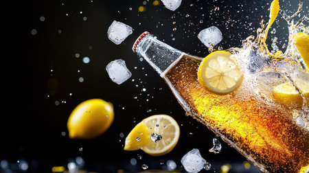 A high-speed capture of soda splashing out of a bottle, with ice and lemon floating in the air.の素材