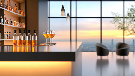 A modern bar setting with liquor bottles lined up neatly, ready for crafting cocktails.の素材