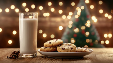 A plate of Christmas cookies with a tall glass of milk, ready for Santa on Christmas Eve, set against a cozy holiday backdrop.の素材