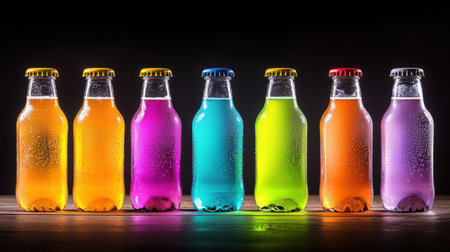 A row of glass soda bottles in vibrant colors, arranged on a wooden table with condensation on the surface.の素材