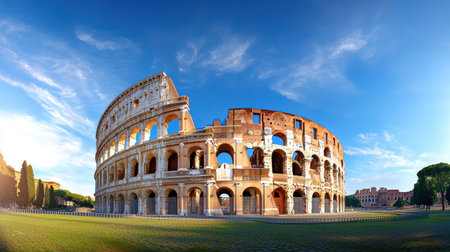 A panoramic view of the Roman Colosseum, highlighting its grand arches and ancient stone structure under a blue sky.の素材