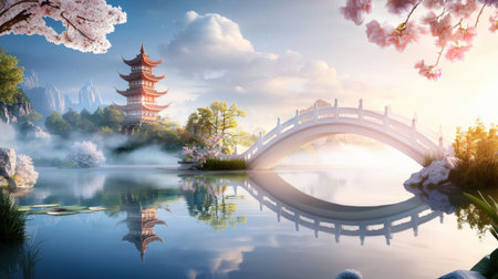 A serene view of a Chinese pagoda reflected in a still lake, surrounded by peaceful gardens and ornate bridges.の素材