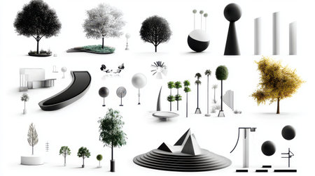 A minimalist design sheet of landscape architecture symbols for gardens, parks, and urban planning projects.の素材