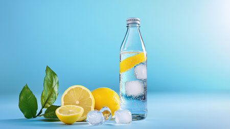 A soda water bottle next to a fizzy glass filled with ice and lemon, creating a fresh and sparkling look.の素材