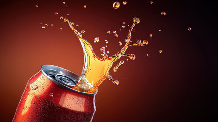 A soda can mid-open, with the tab lifted and a splash of fizzy soda spraying out.の素材