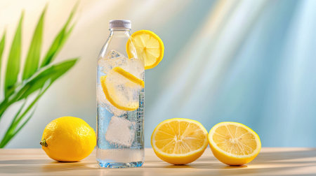 A soda water bottle next to a fizzy glass filled with ice and lemon, creating a fresh and sparkling look.の素材