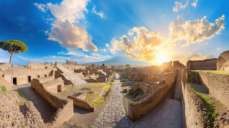 A panoramic shot of the ruins of Pompeii, with its well-preserved Roman houses, temples, and streets.の素材