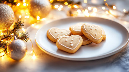 A holiday plate filled with festive sugar cookies, placed next to twinkling fairy lights and ornaments.の素材