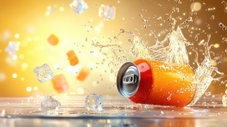 A soda can spilling onto a table, with a splash of liquid and ice cubes scattered in mid-air.の素材