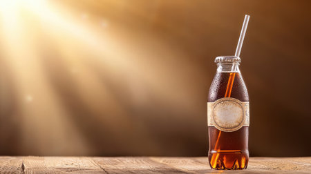 A soda bottle with a vintage label and a metal cap, sitting on a rustic table with a straw.の素材