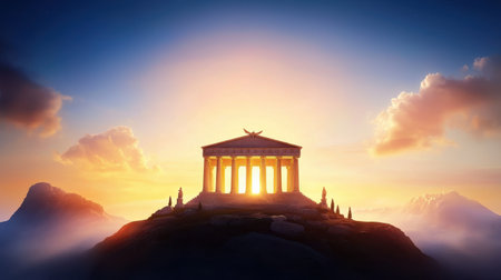 A Greek temple atop a hill, with its ancient columns and architectural details silhouetted against the sky.の素材